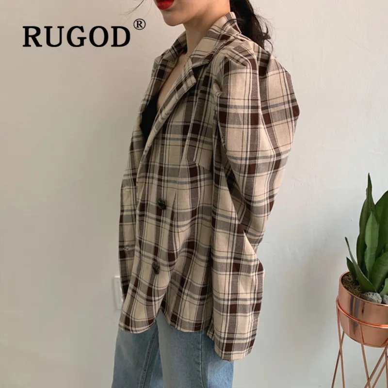 RUGOD, модные женские клетчатые куртки ins, корейский стиль, с пышными рукавами, с длинным рукавом, на шнуровке, для офиса, для девушек, Блейзер, куртки, Ретро стиль, Auturm, пальто