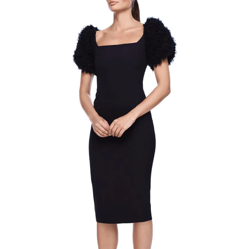 Gosexy Новое модное женское милое стильное кружевное платье с квадратным вырезом и короткими пышными рукавами облегающее Бандажное платье миди