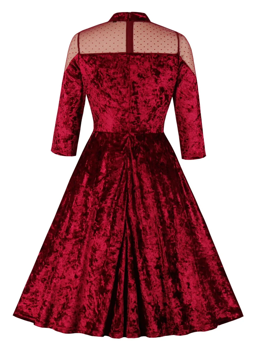 Mesh Women's Dress Mandarin Collar Long Sleeve Patchwork Velvet Dress Women 2020 Autumn Winter Sexy Elegant Ladies Party Dresses (11)