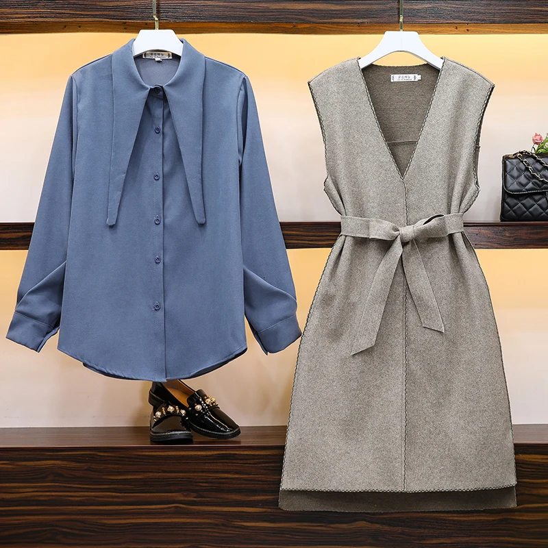 

Plus Size Women Two Piece Dress Autumn 2019 Vintage Turn-down Collar Long SLeeve Shirts and Sleeveless Woolen Dresses L-4XL