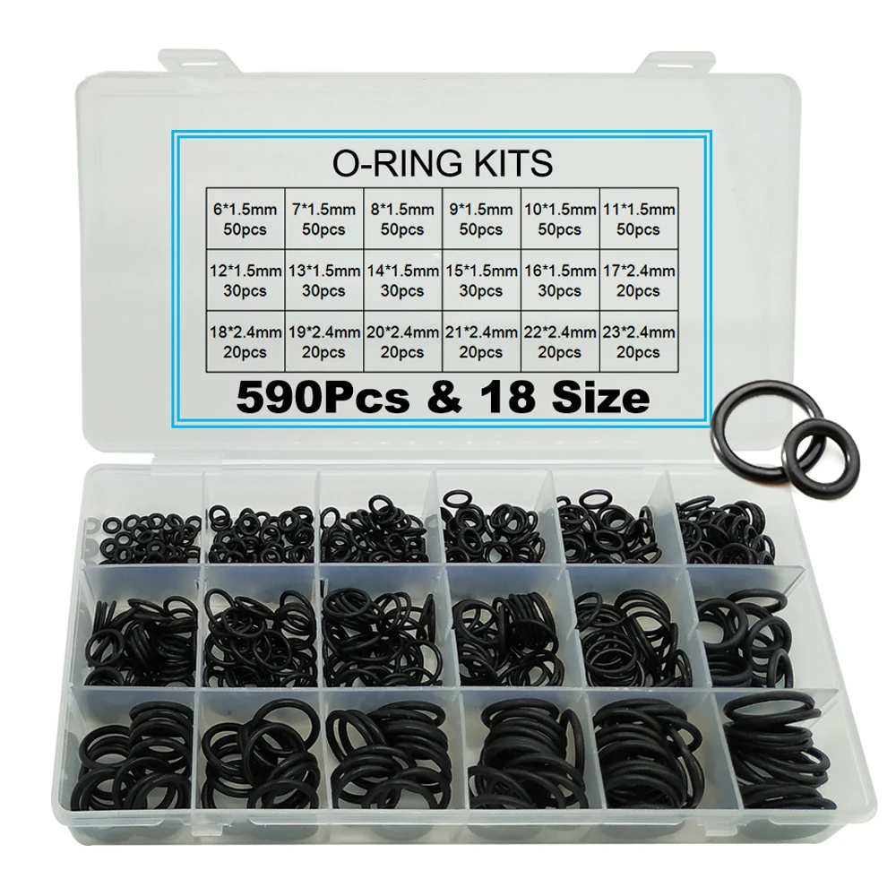 

590 Pieces (18 Sizes) Thickness 1.5mm 2.4mm Nitrile Rubber NBR O-Ring Gasket Ring Assortment Kits Shim Washer