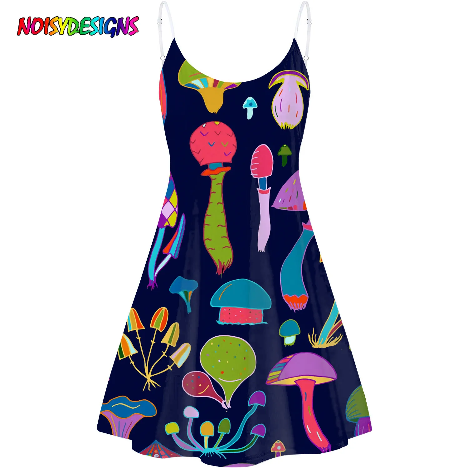 

NOISYDESIGNS Spaghetti Strap Sexy Dress Summer Colorful Mushroom Printing Sleeveless Mini Short Dresses Women Vestido De Mujer