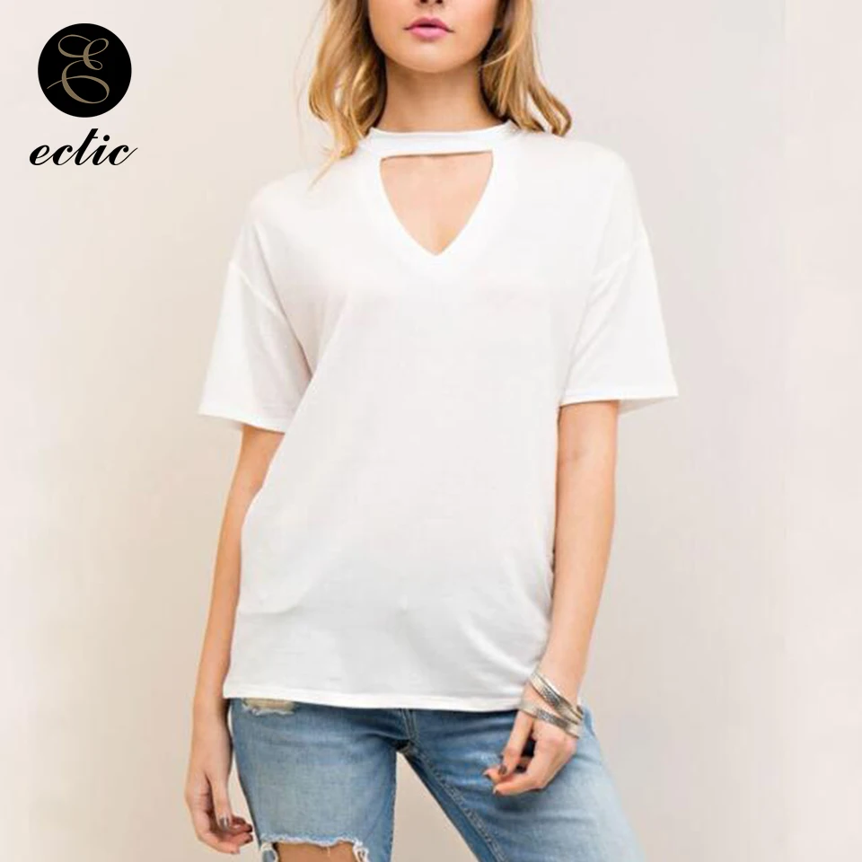 Women's Black and White Choker Neck Tops - Solid Color Short Sleeve Casual T-Shirts for Fashion Style image 4