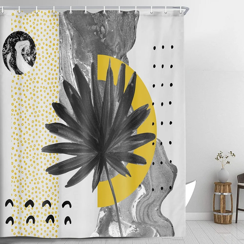 

Black Golden Shower Curtain, Tropical Leaf Doodles Pattern Bathroom Curtains, Waterproof Cloth Shower Curtain Decor with Hooks