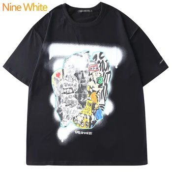 

Language hip hop personalized text print short sleeve T-shirt for men and women retro loose summer trend half sleeve
