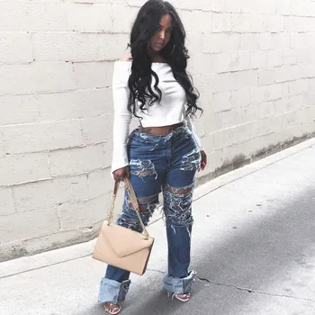 

2020 Women Denim Ripped Destroyed Slouchy ripped high waist Jeans Hole Pocket Jeans Casual Denim Straight Pants #35