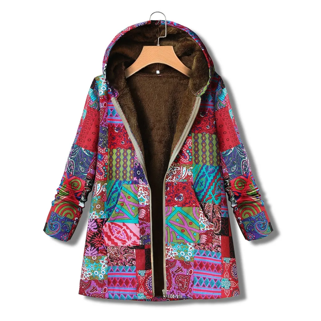 

Coat Jacket Womens Winter Vintage Warm Printed Pockets Thicker Zipper Hooded Coat Outwear Chaqueta Mujer Plus Size Jacket Women