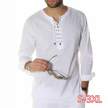 

2020 Elegant Style Mens Shirts Dress Long Sleeve Lace Up Tunic Casual Loose Fit Tops T-shirts Plus Size S-3XL