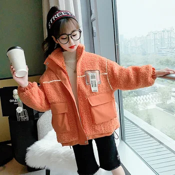 

Children Winter Coat Cute Teenage Girl Mandarin Collar Lamb Cashmere Short Overcoat Kids Thickened Fleece Zipper Warm Outerwear