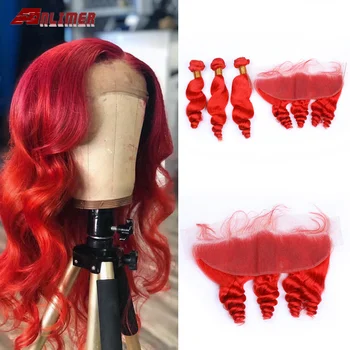 

Anlimer Pre-Colored Red Bundles With Frontal Peruvian Hair Bundles With Closure Remy Human Hair With Lace Frontal