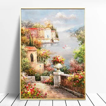 

Abstract Flower Landscape Poster and Prints Mediterranean Sea Garden Oil Painting on Canvas Wall Art Picture for Living Room