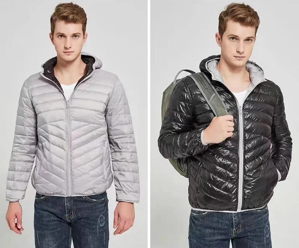 gray and black NewBang мужской пуховик с капюшоном ультра легкий пуховик Мужская осенне-зимняя Двусторонняя парка с двумя боковыми перьями - Цвет: gray and black