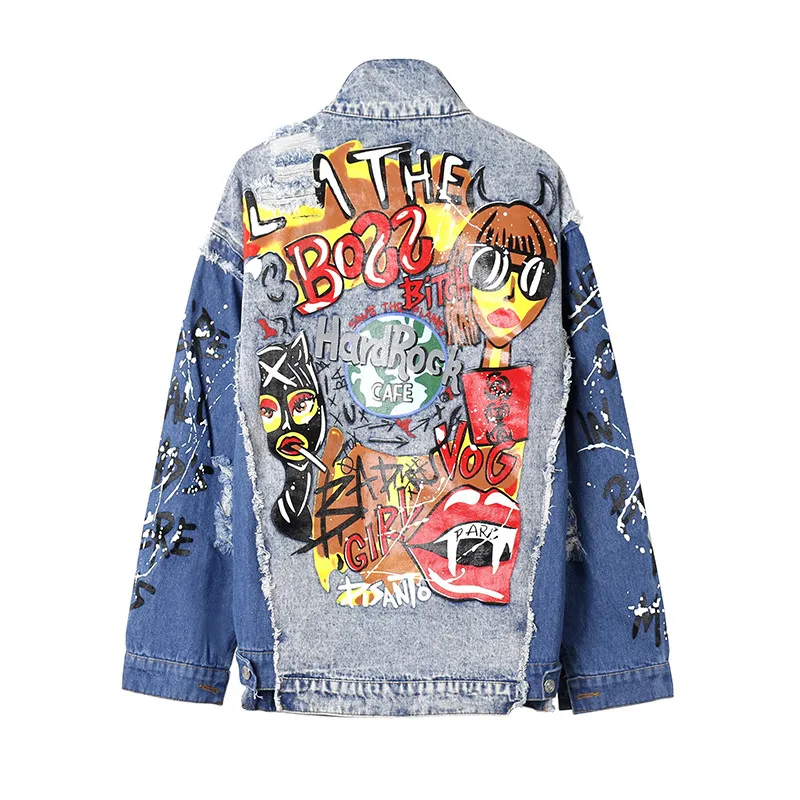 

Spring Hip hop Streetwear Letter Graffiti Print Spliced Women's Jeans Jacket Ripped Hole Blue Casual Denim Jackets Female coat