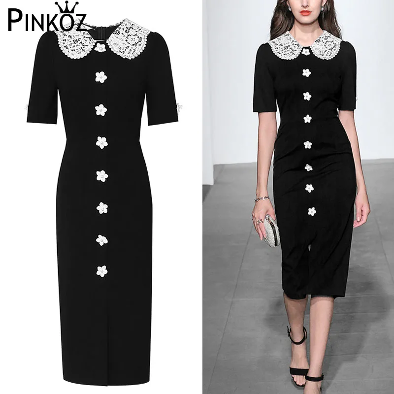 Pinkoz Подиум дизайнер Питер жемчуг Кнопка Bodycon платье с вырезом Осень Зима Винтаж короткий рукав кружева отворотом воротник миди вечерние