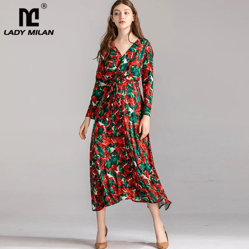 

Lady Milan Women's Runway Dresses Sexy V Neck Long Sleeves Ruched Floral Printed Fashion Mid Calf Dresses