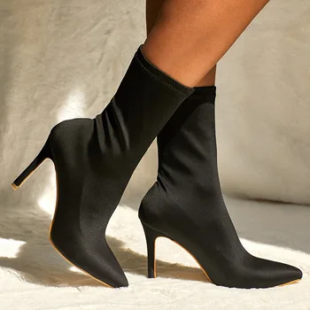 

2019 Single Boots Woman Fine With Boot High-heeled Shoes Elastic Force Sharp Short Boots Shoes Socks
