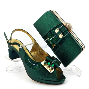 

Beautiful dark green African high heel women's sandal shoes and bag sets for party MM1110, Heel Height 7cm