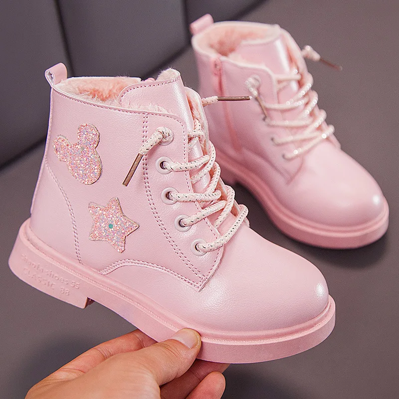 Fashion Sequin Princess Boots Little Girl Waterproof Patent Leather Boots Big Kids Martin Children'S Shoes 3 4 5 6-12 Year - Цвет: pink  Thin plush