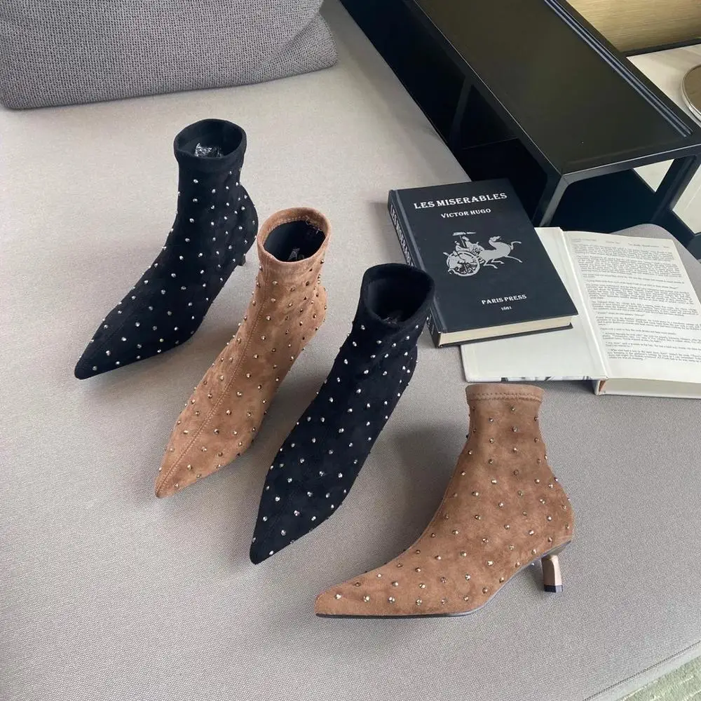 Botines con remaches para mujer, Botas de calcetín sin cordones con punta puntiaguda, tacones medios finos, Botas elásticas a la moda para otoño