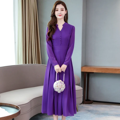 Осень, Новое поступление, высокое качество, корейский стиль, v-образный вырез, пуговица, длинный рукав, женское шифоновое длинное платье размера плюс M-3XL - Цвет: Фиолетовый