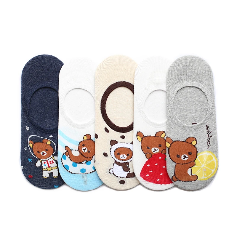Милые Носки с рисунком медведя, женские, Kawaii Harajuku, корейский стиль, хлопковые носки-тапочки, не показаны, нескользящие носки, носки с рисунками животных для женщин и девочек