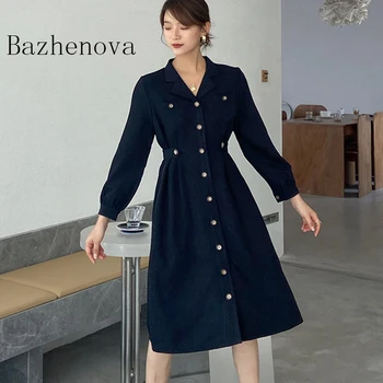 

Bazhenova Women Autumn Loose Dresses Girls Long-sleeved Single-breasted Plaid Dress Womanshrinking Waist Gown Fall Dress R893