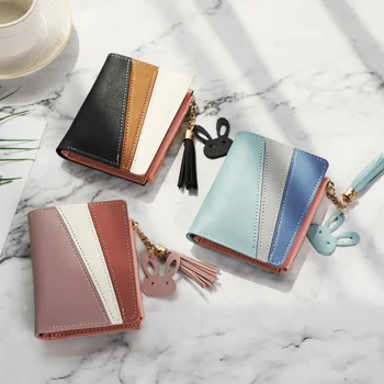 

New Trend Leather Wallets Women Fashion Short Student Change Card Holder PU Contrast Leather Wallet Tassel Design Clutch Wallet