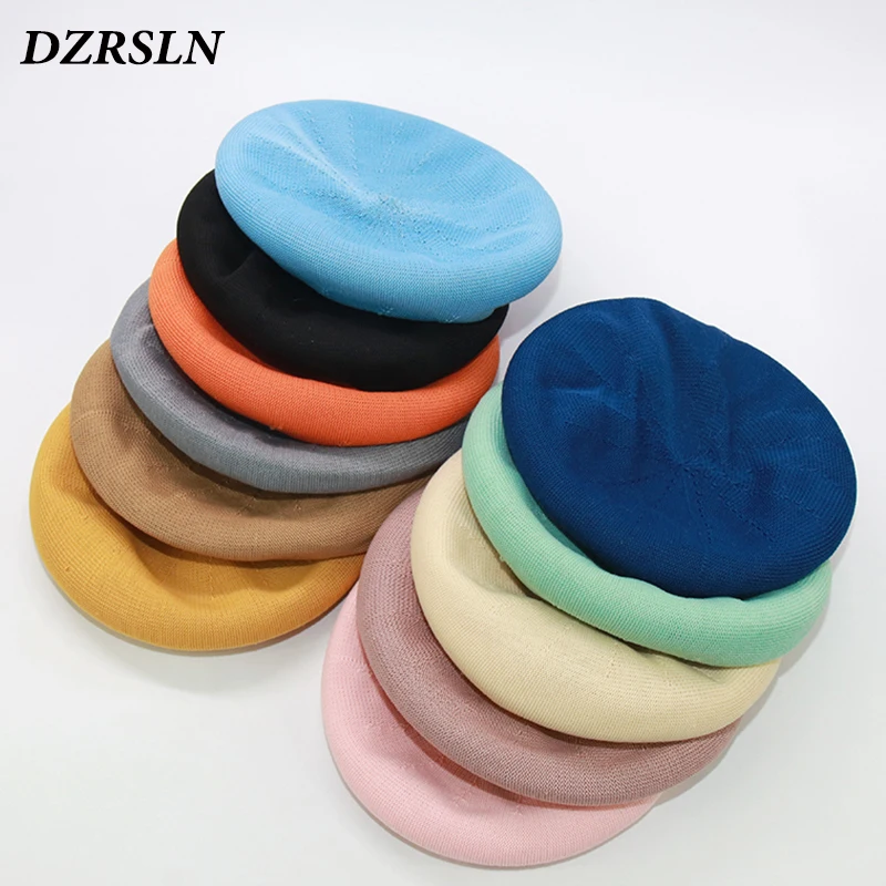 wholesale 12 colors Breathable knitted beret for women pink black french caps female solid felt hat summer berets | Аксессуары для