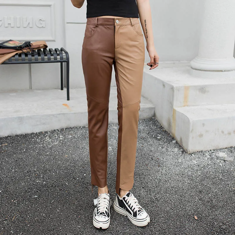 Pants Осенняя Женская куртка из натуральной кожи цвета хаки, Харадзюку, овчина, натуральная кожа, пальто в стиле пэчворк, тонкая короткая женская Повседневная Уличная одежда - Цвет: Pants