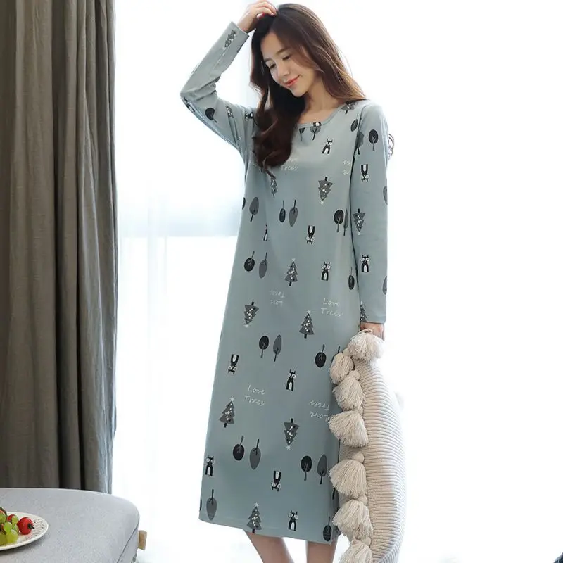 ETOSELL, весенние осенние длинные ночные рубашки с рукавами, женская ночная рубашка с рисунком, круглый воротник, платье для сна