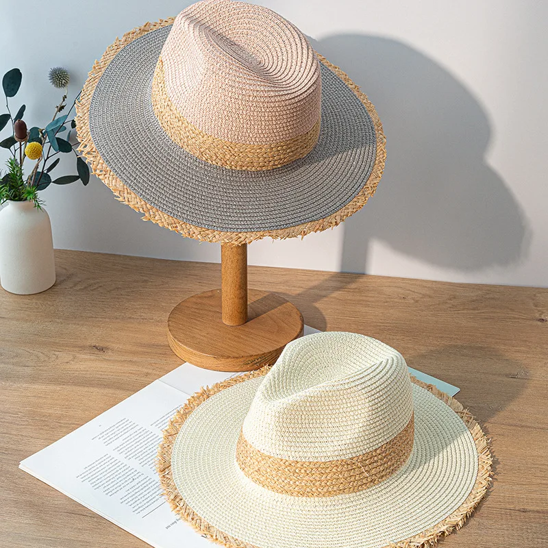 Ladies Summer Hat Retro Color Matching Straw Sunscreen Sun Visor Jazz Top Big Brim Vacation Beach | Аксессуары для одежды