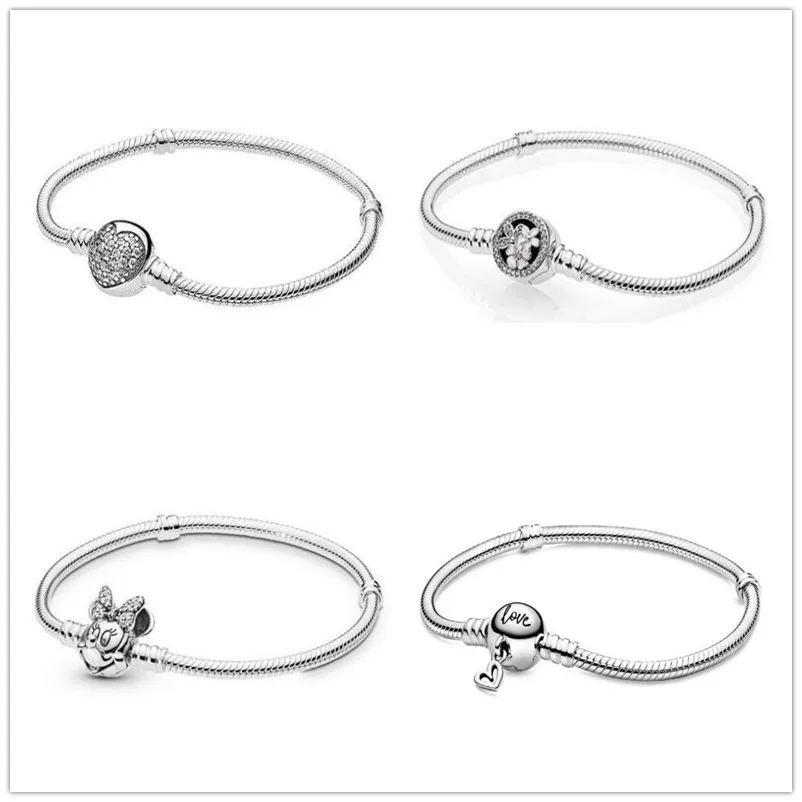 

925 Sterling Silver Moments Freehand Heart Clasp Snake Chain Bracelet Bangle Fit Bead Charm Pan Bracelet DIY Fashion Jewelry