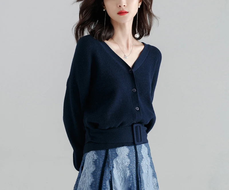 Royal Blue Женская поясная куртка с v-образным вырезом свитер новая короткая модель женские вязаные свитера кардиган с длинными рукавами - Цвет: Royal Blue