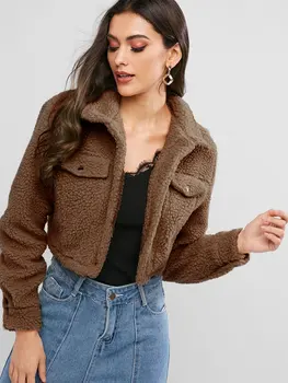 

Zaful Winter Solid Women Causal Jackets Lapel Long Sleeves Female Single Breasted Coats Fluffy Fake Pocket Teddy Cropped Jackets