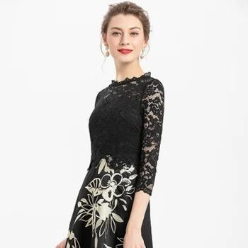

Embroidered A-line dress spring new style dress shows thin splicing lace 7-point sleeve waist closing temperament big swing