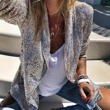 Women Sequins Long Sleeve Blazers 2020 Fashion Shiny Party Blazer Coat Silver Casual Solid Notched Blazer Jacket Female Chemise