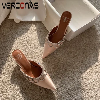 

VERCONAS 2020 Brand Design Fashion Woman Pumps Woman Sandals Mules Summer Rhinestone Pointed Toe Thin High Heels Shoes Woman