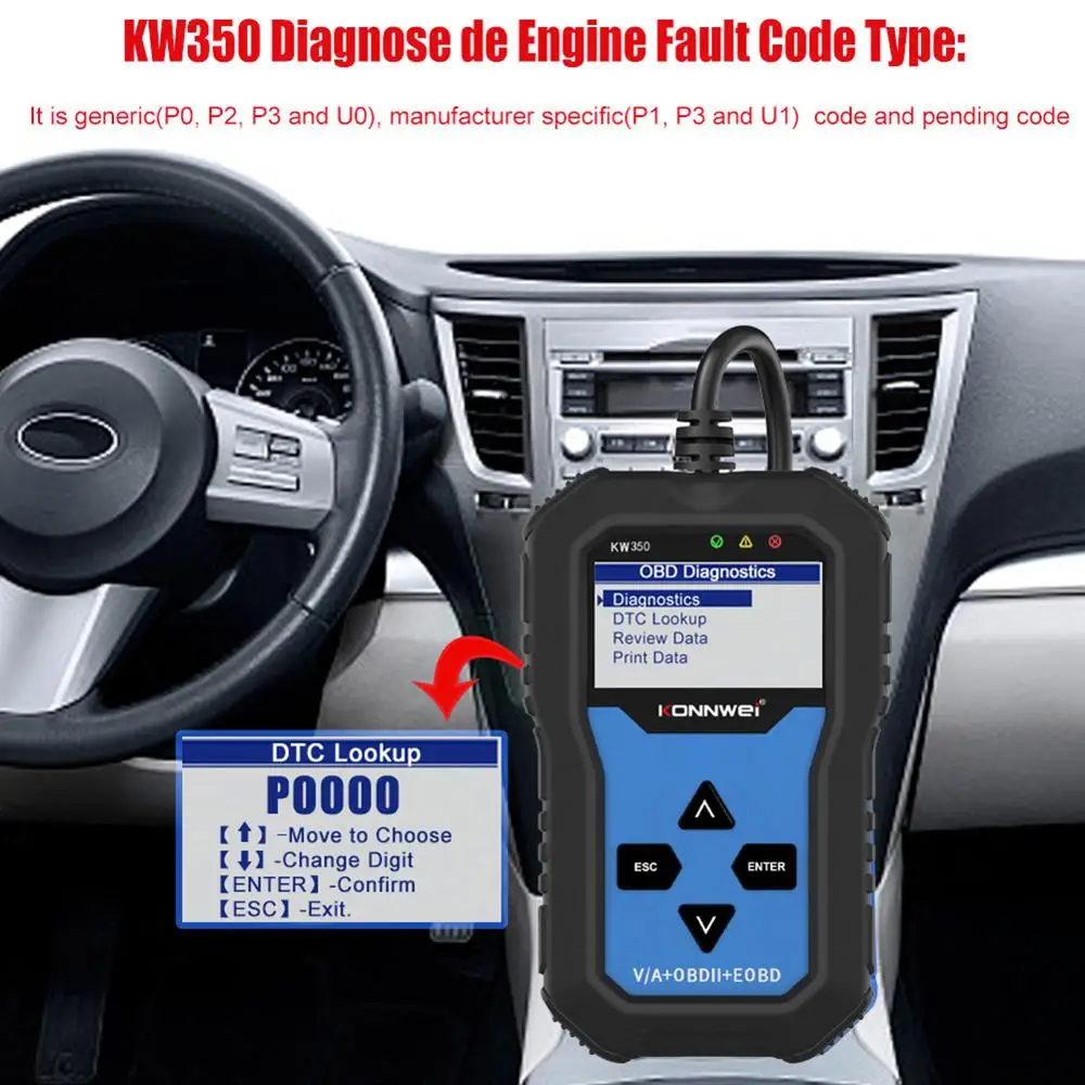 KONNWEI KW350 Профессиональный OBD2 сканер автомобильный считыватель кодов для VW Audi Skoda