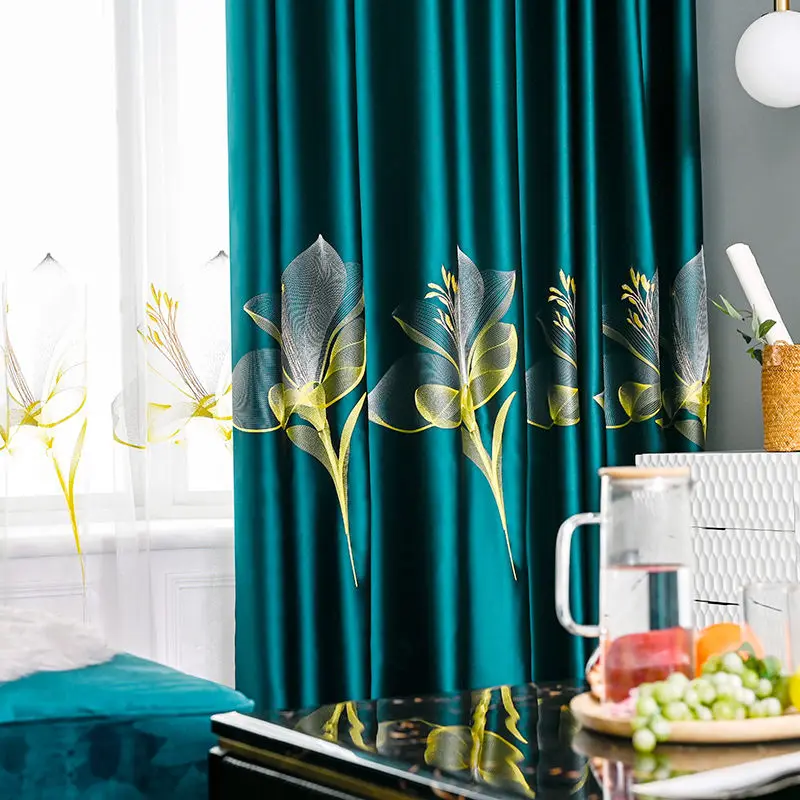Luxury European Blackout Curtains For Bedroom Damask Impression Lily Embroidery Bay Window Treatment Drapes JS224C | Дом и сад