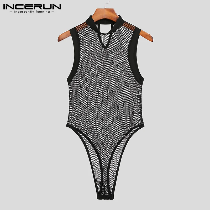 Men Bodysuit Mesh Patchwork See Through Sleeveless Thin Rompers Underwear Skinny Fashion S-5XL-men bodysuits,men lingerie