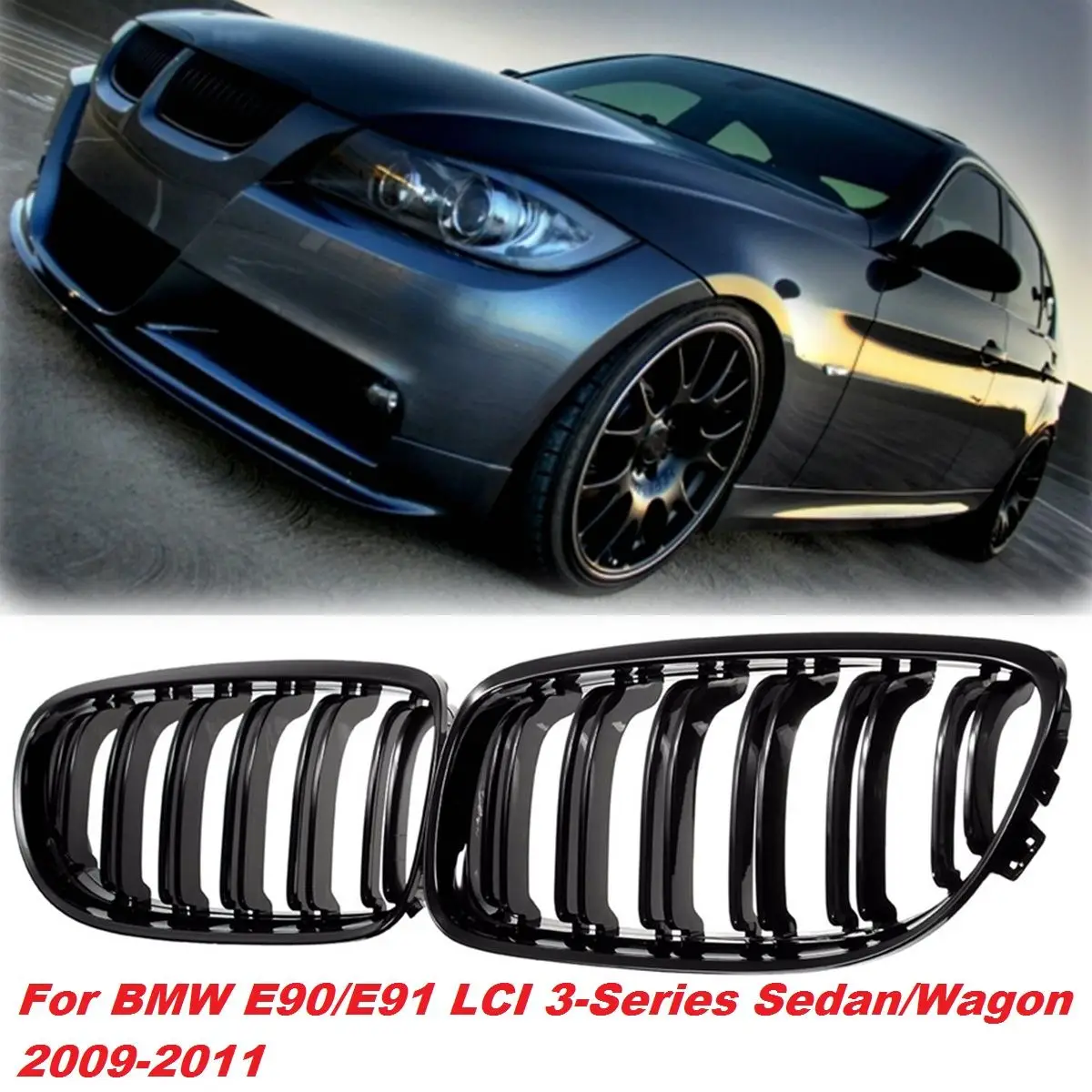 

Hot New Pair Gloss black Kidney Grille Grill For BMW 3-Series E90/E91 Sedan/Wagon 2009 2010 2011 4-Door