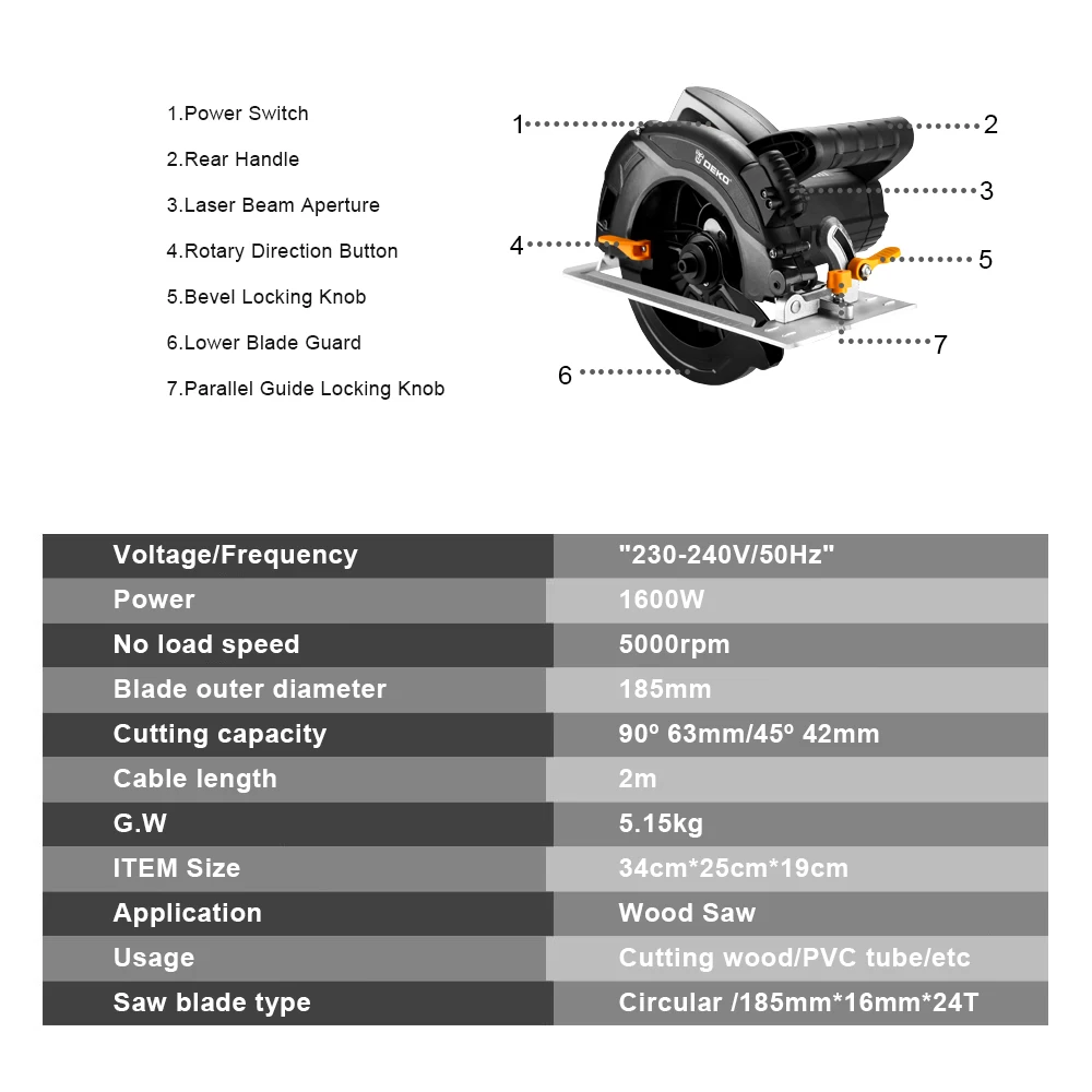 DEKO DKCS1600 Circular Saw Power Tools with Blade, Dust Passage, Auxiliary Handle, High Power Multi-function Cutting Machine