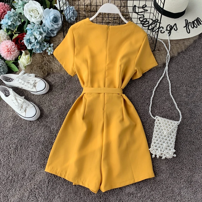 FTLZZ V-neck Beach Playsuits Women Vintage With Belt High Waist Wide-legged Shorts Pants Slim Holiday Jumpsuits