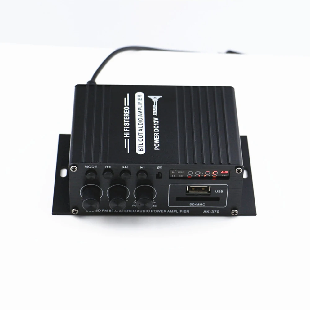 AK370 12 В мини аудио усилитель мощности USB SD MP3 FM BT цифровой аудио приемник двухканальный бас стерео усилитель для автомобиля домашнего использования
