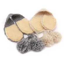Children Girls Boys Crochet Knit Winter Hat Thicken Plush Lining Earmuff Solid Color Cute Pompom Ball Ear Warmer with Chin Strap