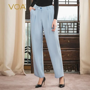 

VOA Silk 40mm Light Blue Heavy Education Grams Pleats Splicing yi li kou Crisp Skin Straight-Leg Pants K1338