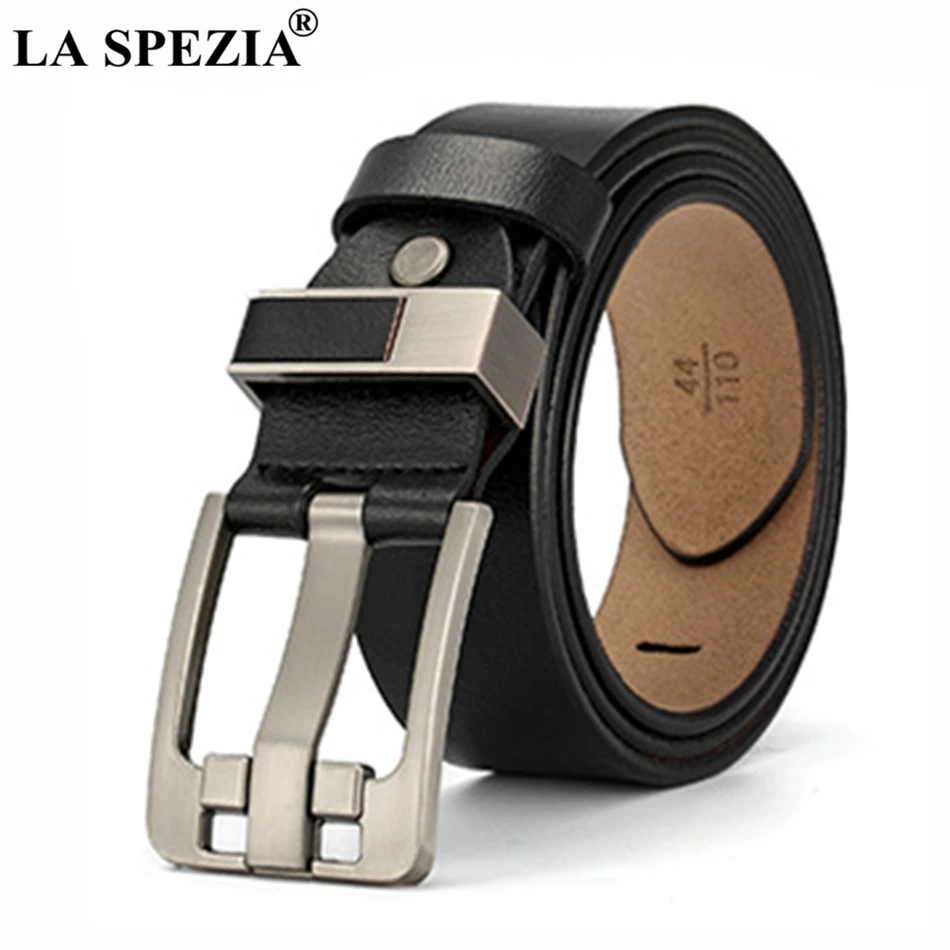 LA SPEZIA Black Pin Belt Buckle Men Genuine Leather Square Buckle Belt Male Vintage Designer Real Cowhide Leather Jeans Belts