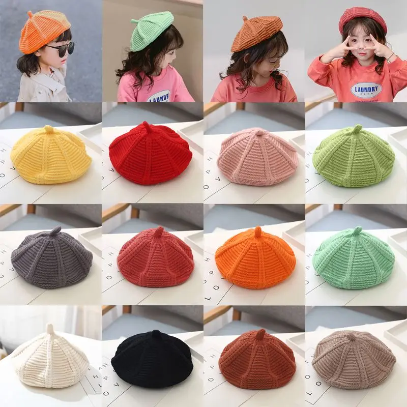 Осенне-зимние детские вязаные береты унисекс, зимняя теплая шапка с тыквой, Повседневная одноцветная шапка для художников