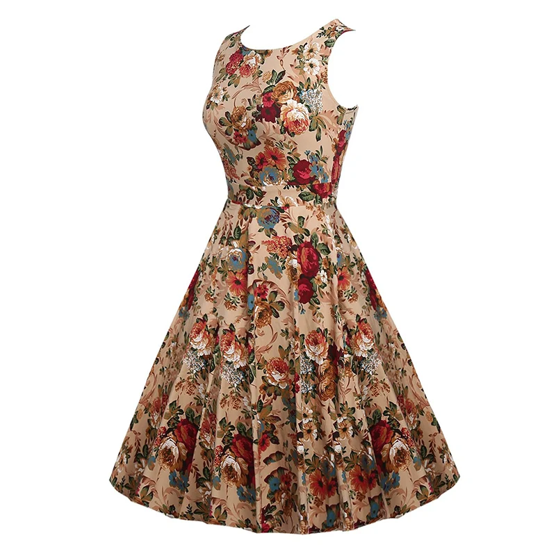 Kostlish Cotton Summer Dress Women 2017 Sleeveless Tunic 50s Vintage Dress Belt Elegant Print Rockabilly Party Dresses Sundress (26)