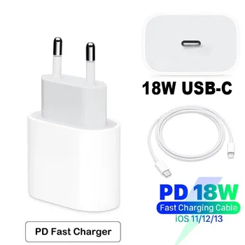 

20 sets 18W PD USB Type C Charger Adapter For iPhone 12 mini 11 Pro XR XS Max 8 Plus Fast Charging EU Plug Travel Charger Cable